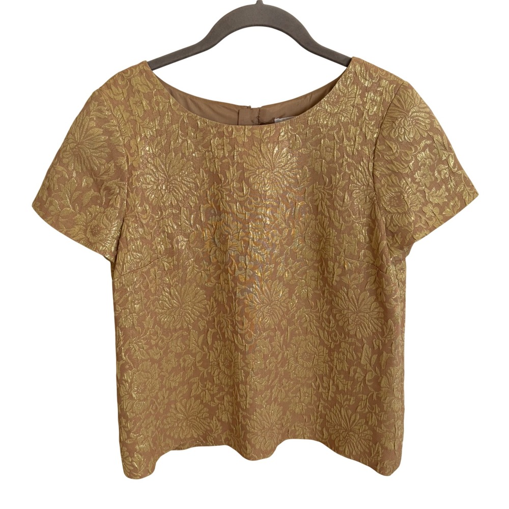 J.Crew Gold Floral Jacquard Silk Blend Metallic Short Sleeve Top Size‎ 6 Party
